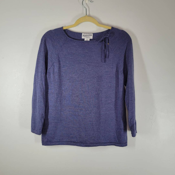 Pendleton Sweater Top Size Large Tie Neck Raglan Long Sleeve Blue Merino Wool - Picture 1 of 4